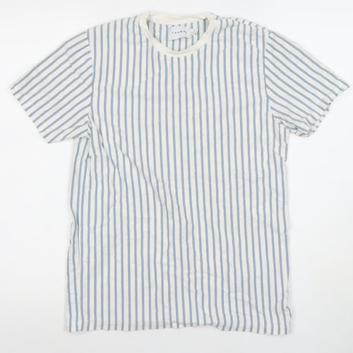 Topman Men's Blue White Striped Cotton Crew Neck T-Shirt Size S