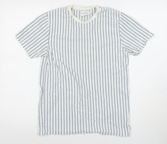 Topman Men's Blue White Striped Cotton Crew Neck T-Shirt Size S