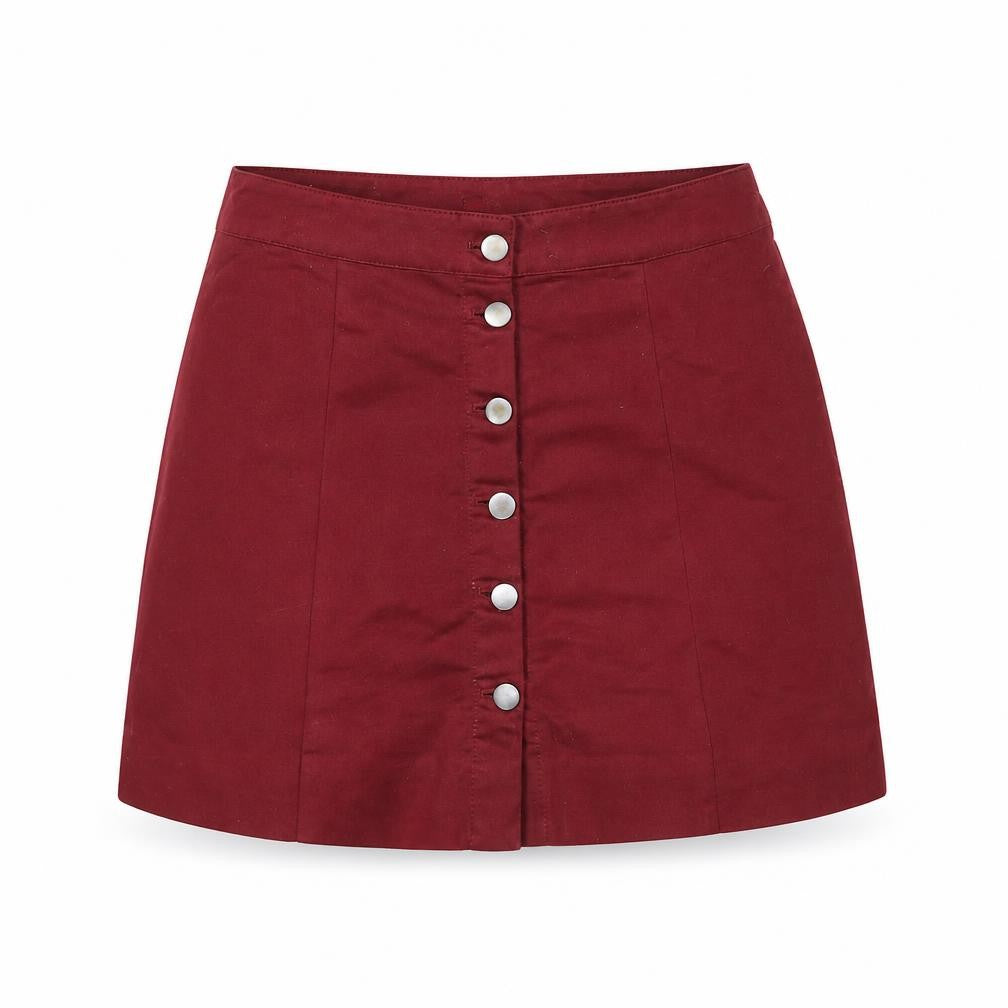Front view of H&M Women Red Cotton Stretch Button Mini Skirt, size 10
