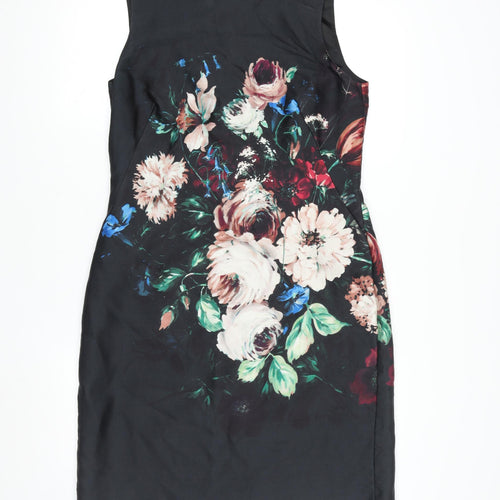 Hobbs Women Black Floral Sheath Dress UK12 Sleeveless Knee Length