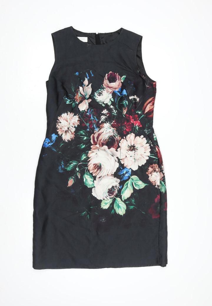 Hobbs Women Black Floral Sheath Dress UK12 Sleeveless Knee Length