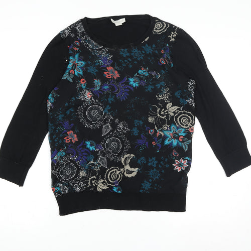 Monsoon Womens Black Floral Tunic Blouse Size 12 Cotton Blend 3/4 Sleeve