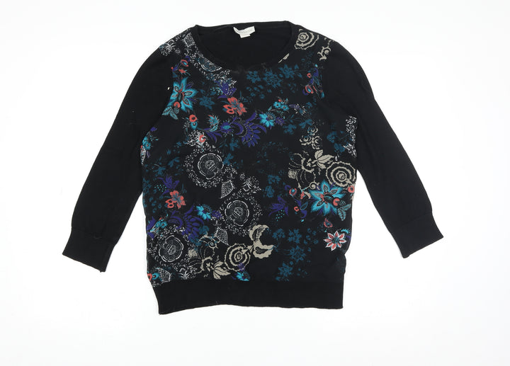 Monsoon Womens Black Floral Tunic Blouse Size 12 Cotton Blend 3/4 Sleeve
