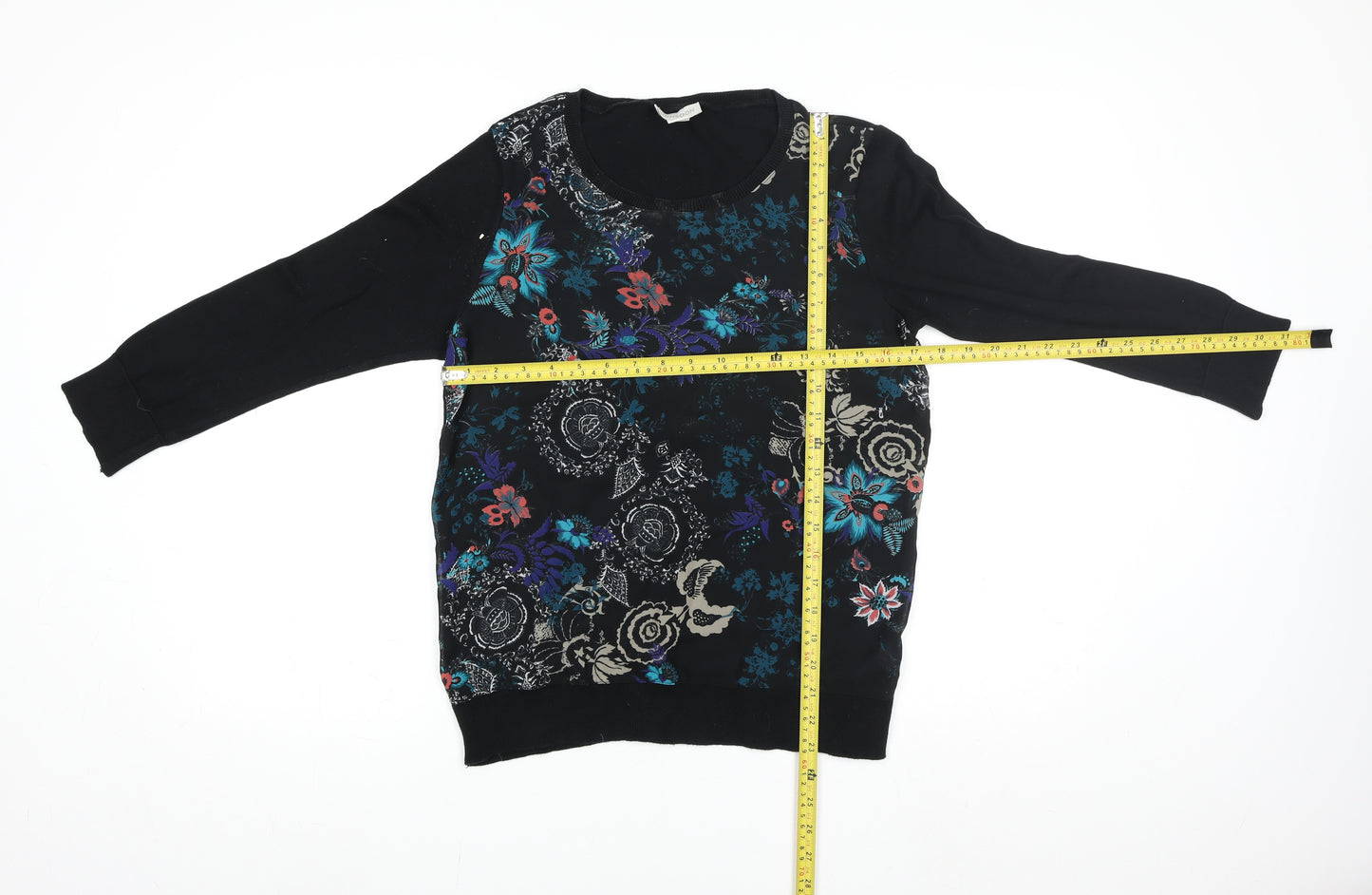 Monsoon Womens Black Floral Tunic Blouse Size 12 Cotton Blend 3/4 Sleeve