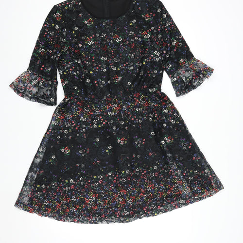 Oasis Women Black Floral Lace Fit & Flare Dress M Knee Length