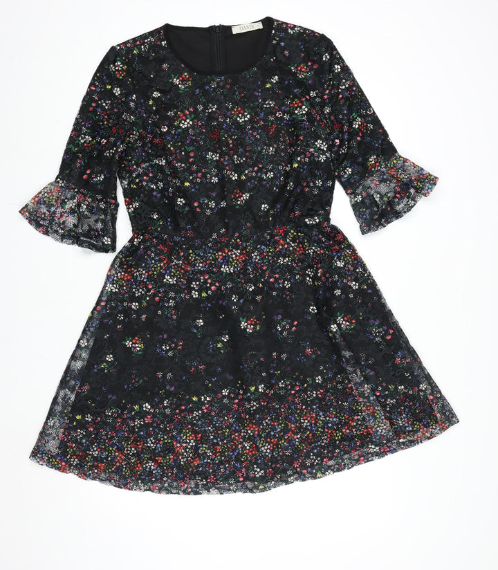 Oasis Women Black Floral Lace Fit & Flare Dress M Knee Length