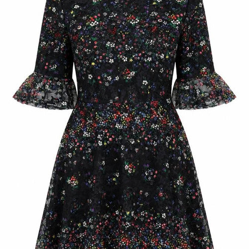 Oasis Women Black Floral Lace Fit & Flare Dress M Knee Length