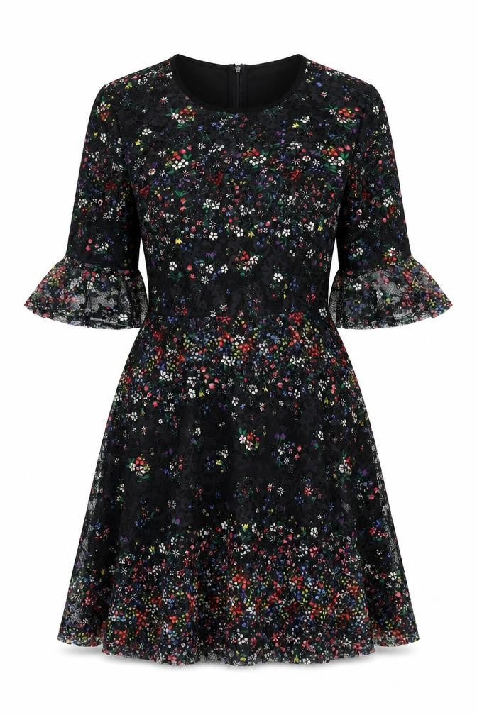 Oasis Women Black Floral Lace Fit & Flare Dress M Knee Length