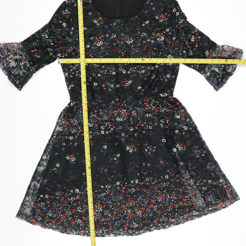 Oasis Women Black Floral Lace Fit & Flare Dress M Knee Length