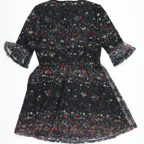 Oasis Women Black Floral Lace Fit & Flare Dress M Knee Length