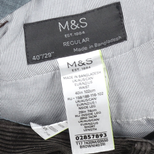 Marks and Spencer Men’s Brown Corduroy Regular Fit Trousers 40W 29L