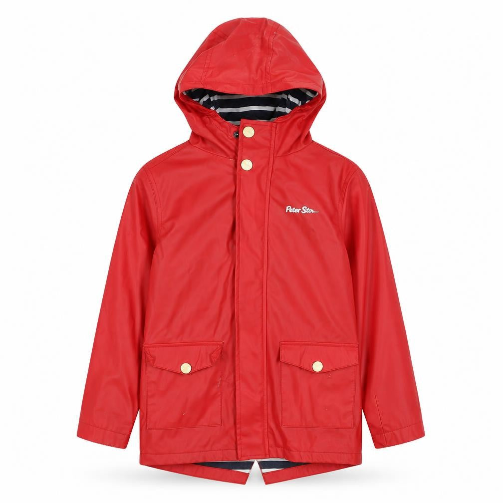Front view of Peter Storm boys’ red waterproof hooded rain coat jacket 9-10 years