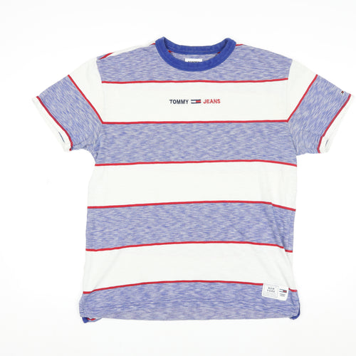 Tommy Jeans Men Blue Striped Cotton Crew Neck T-Shirt Size L