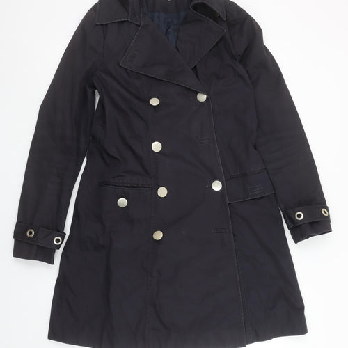 Reiss Women's Black Small Trench Coat Cotton Blend Double Breasted