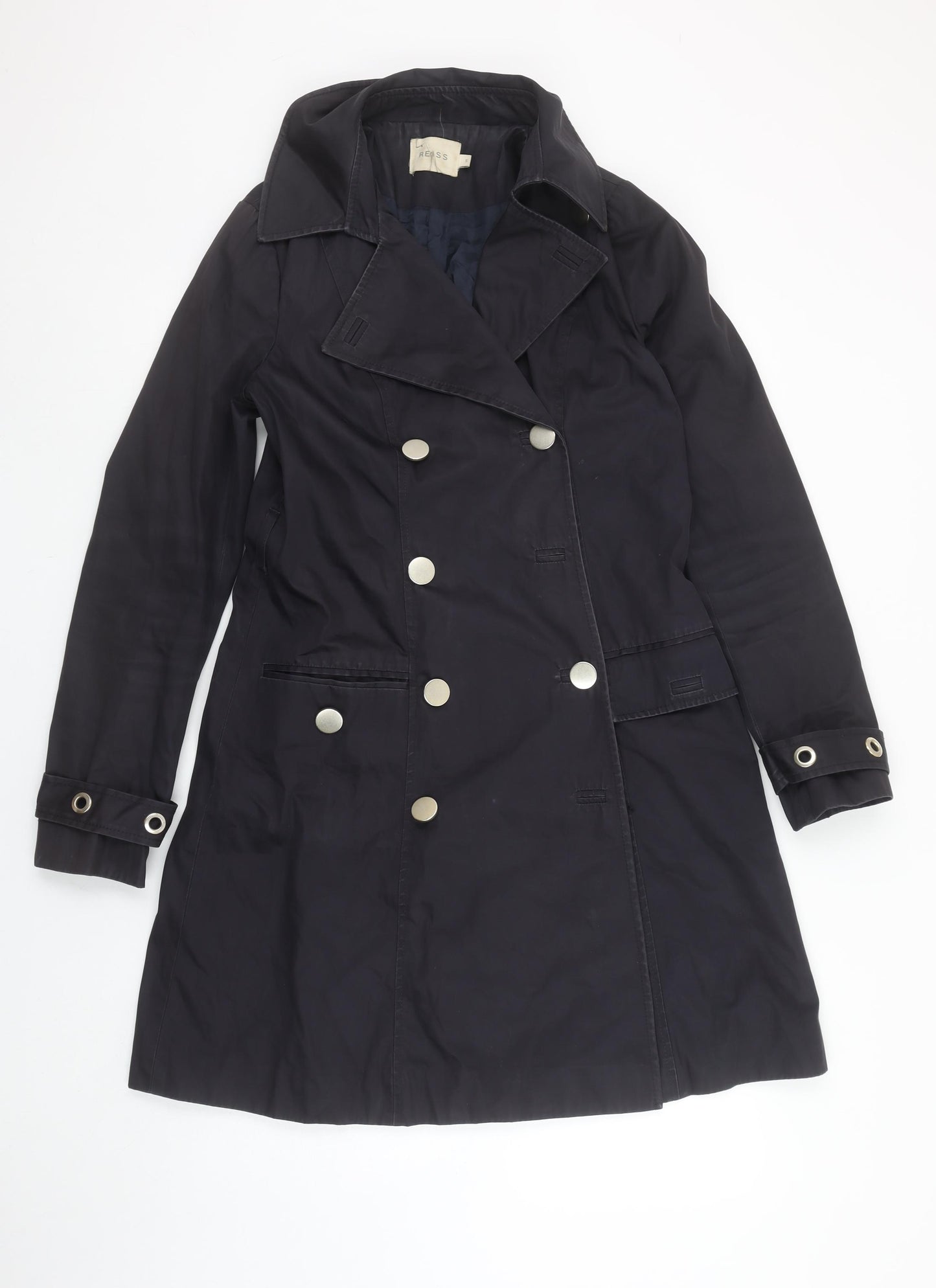 Reiss Women's Black Small Trench Coat Cotton Blend Double Breasted