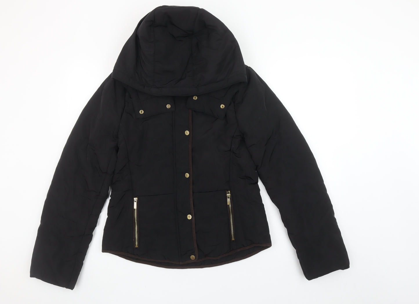 H&M Womens Black Puffer Jacket Size 8 Hooded Winter Coat