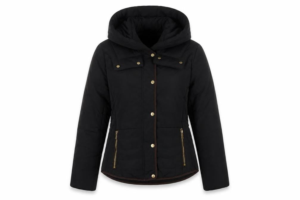 Front view of H&M women’s black puffer jacket, size UK 8, hooded winter coat