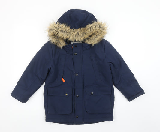 Tu Boys Blue Parka Coat 7-8 Years Hooded Faux Fur Trim Winter Jacket