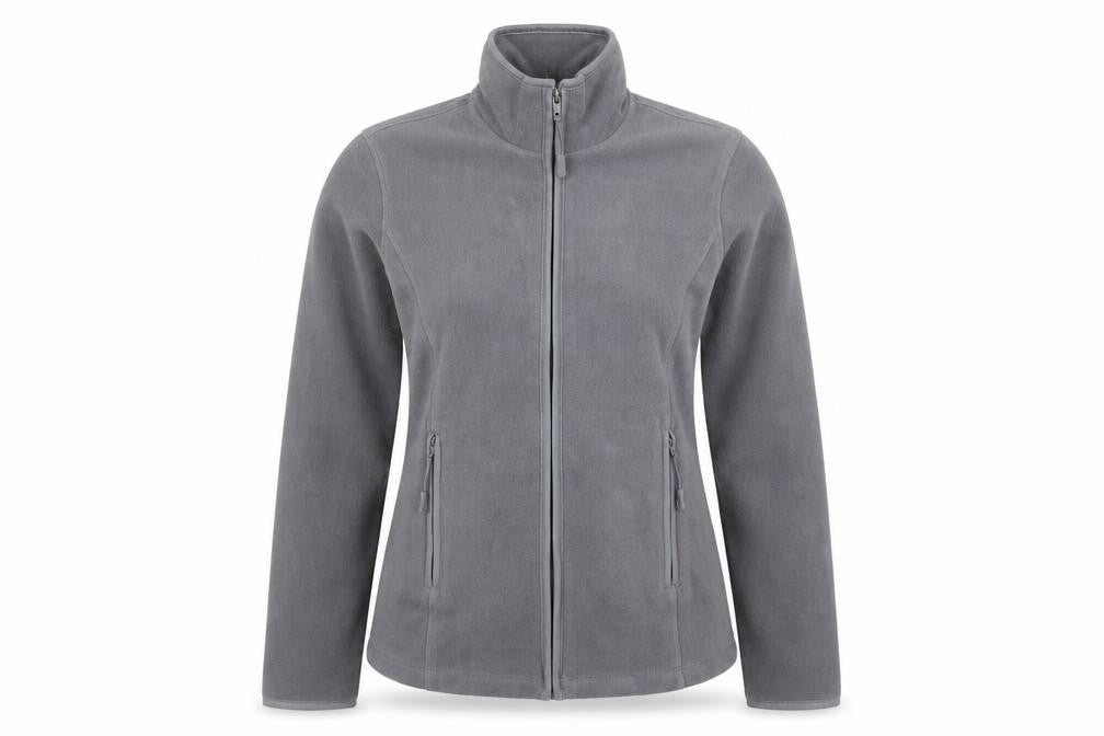 Front view of Kariban women’s grey fleece full zip jacket, size S