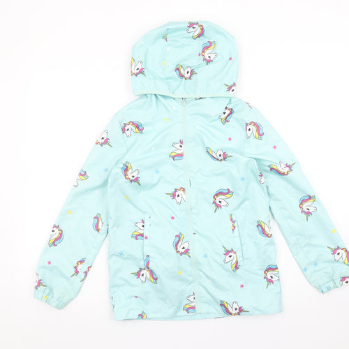 DeFacto Girls Blue Unicorn Hooded Rain Coat 8-9 Years Waterproof Jacket