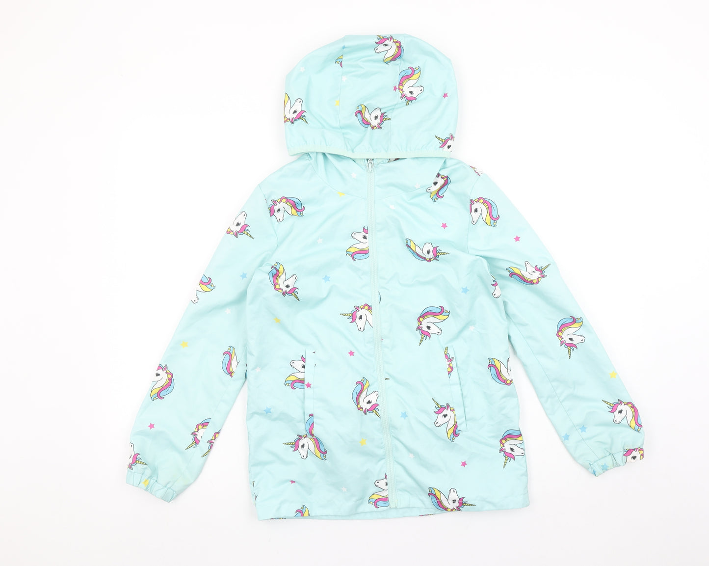 DeFacto Girls Blue Unicorn Hooded Rain Coat 8-9 Years Waterproof Jacket