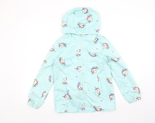 DeFacto Girls Blue Unicorn Hooded Rain Coat 8-9 Years Waterproof Jacket