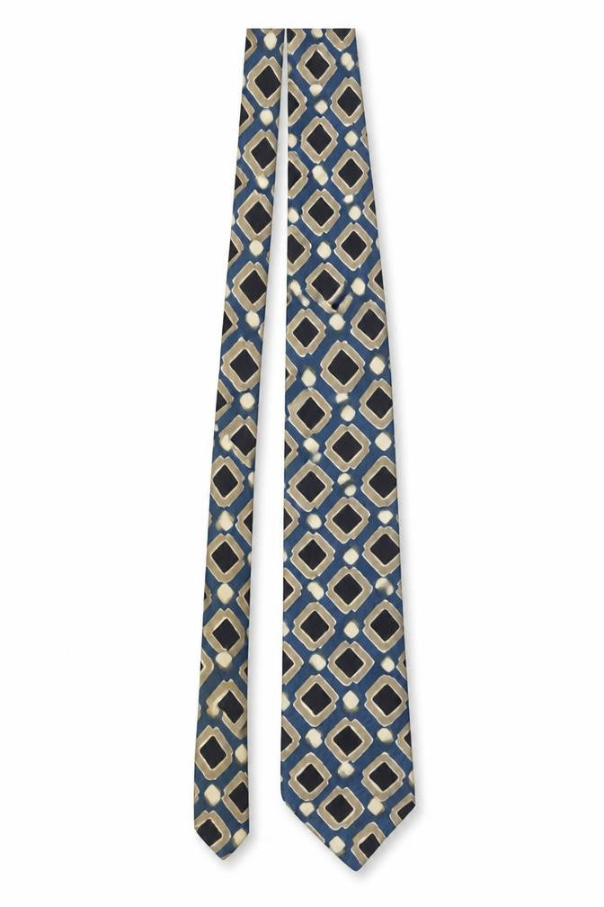 Rutherford Men's Blue Beige Geometric Pure Silk Tie Made in England