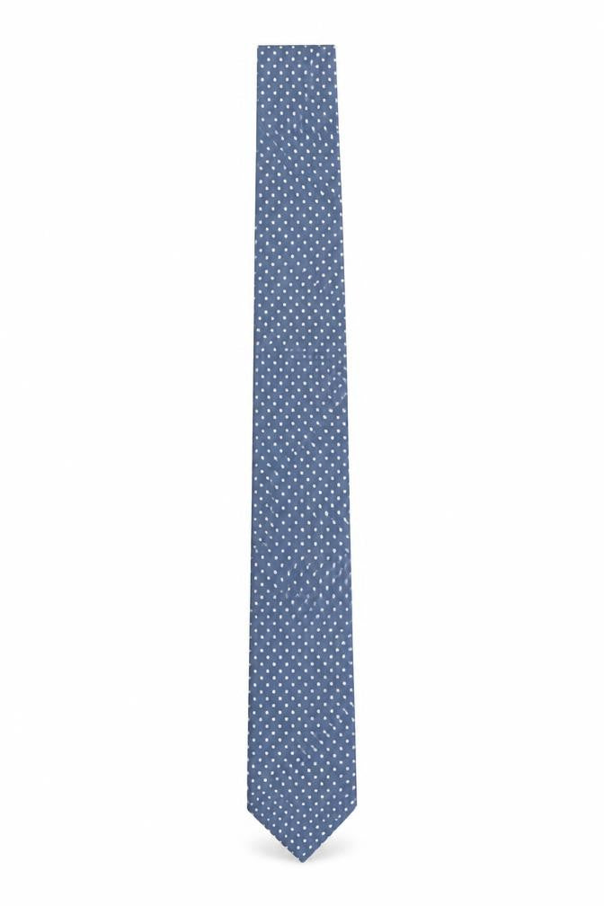 Front view of James Meade Men's Blue Polka Dot Pure Silk Slim Tie
