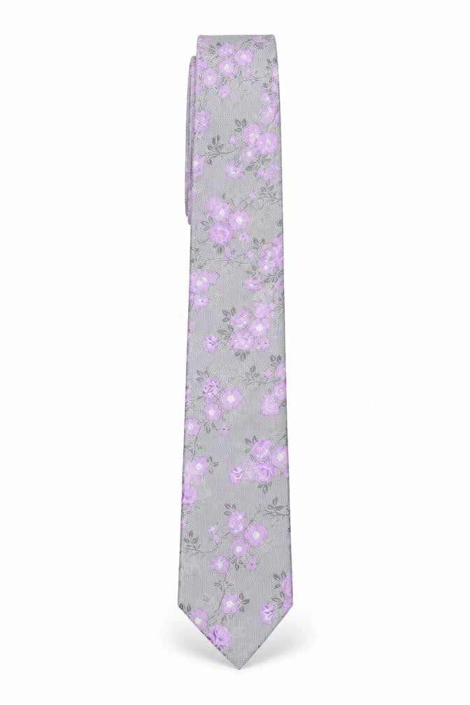 Alexandre of England Men's Grey Floral Silk Designer Tie