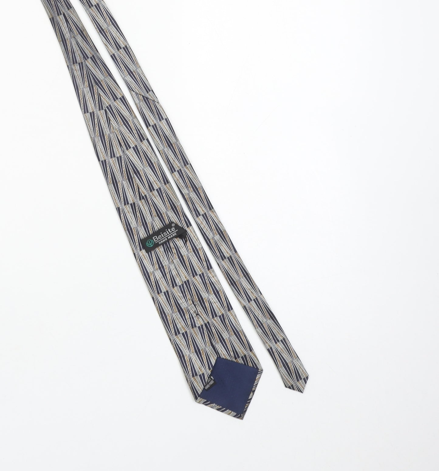 Beisite Men's Beige and Blue Geometric 100% Silk Handmade Tie One Size