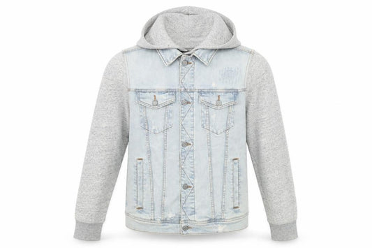 Front view of Hollister Men Blue Denim Hooded Jacket, size M, Cotton Blend Casual
