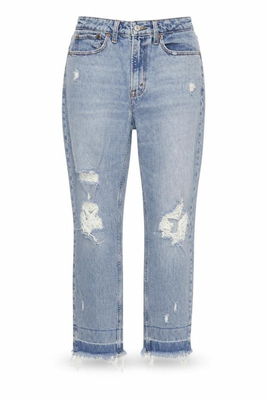 Front view of Abercrombie & Fitch Women's Blue High Rise Mom Jeans, size 26, Distressed Denim