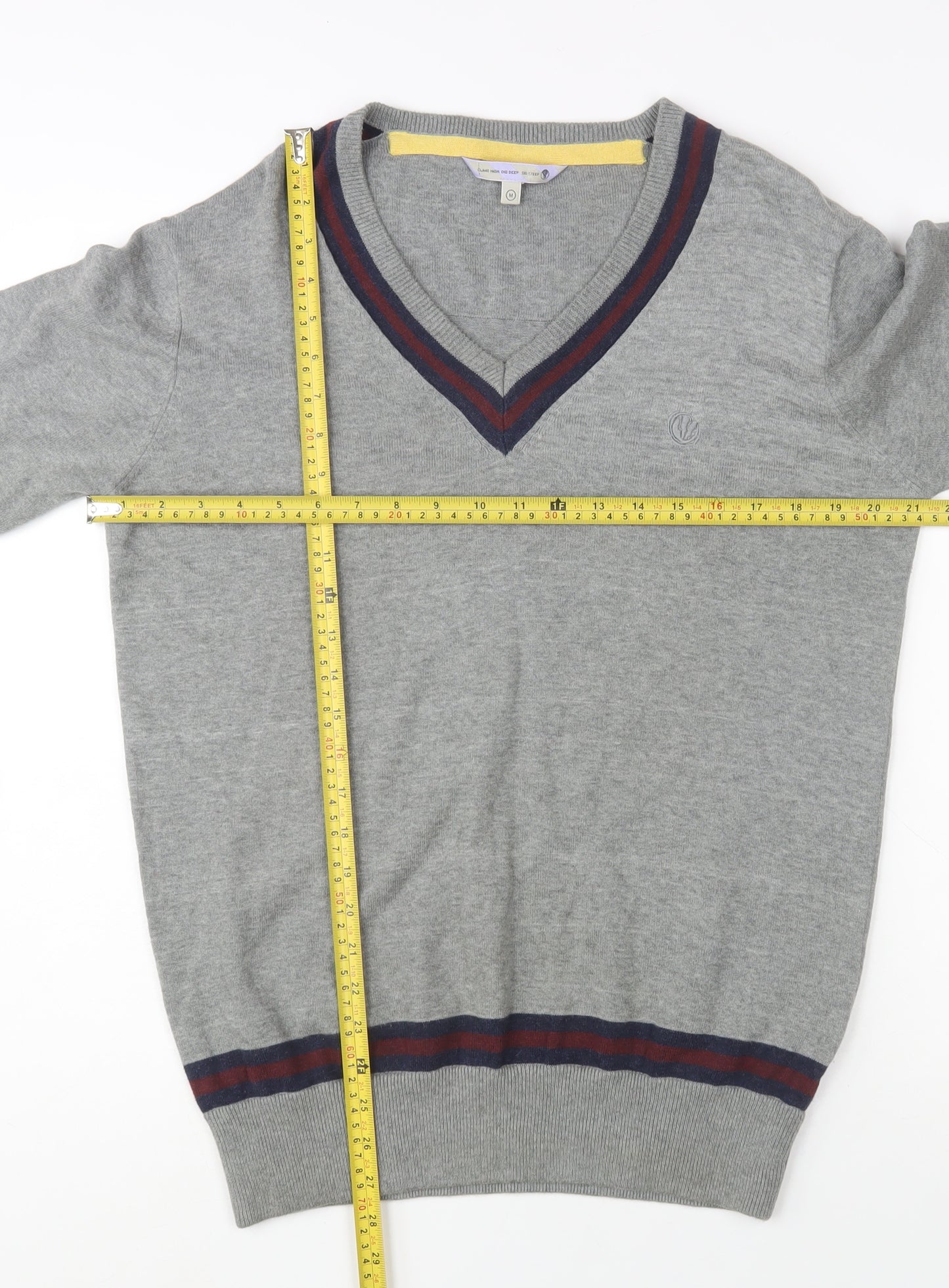 Rule The Way Grey Cotton V-Neck Jumper Men M Classic Knitwear