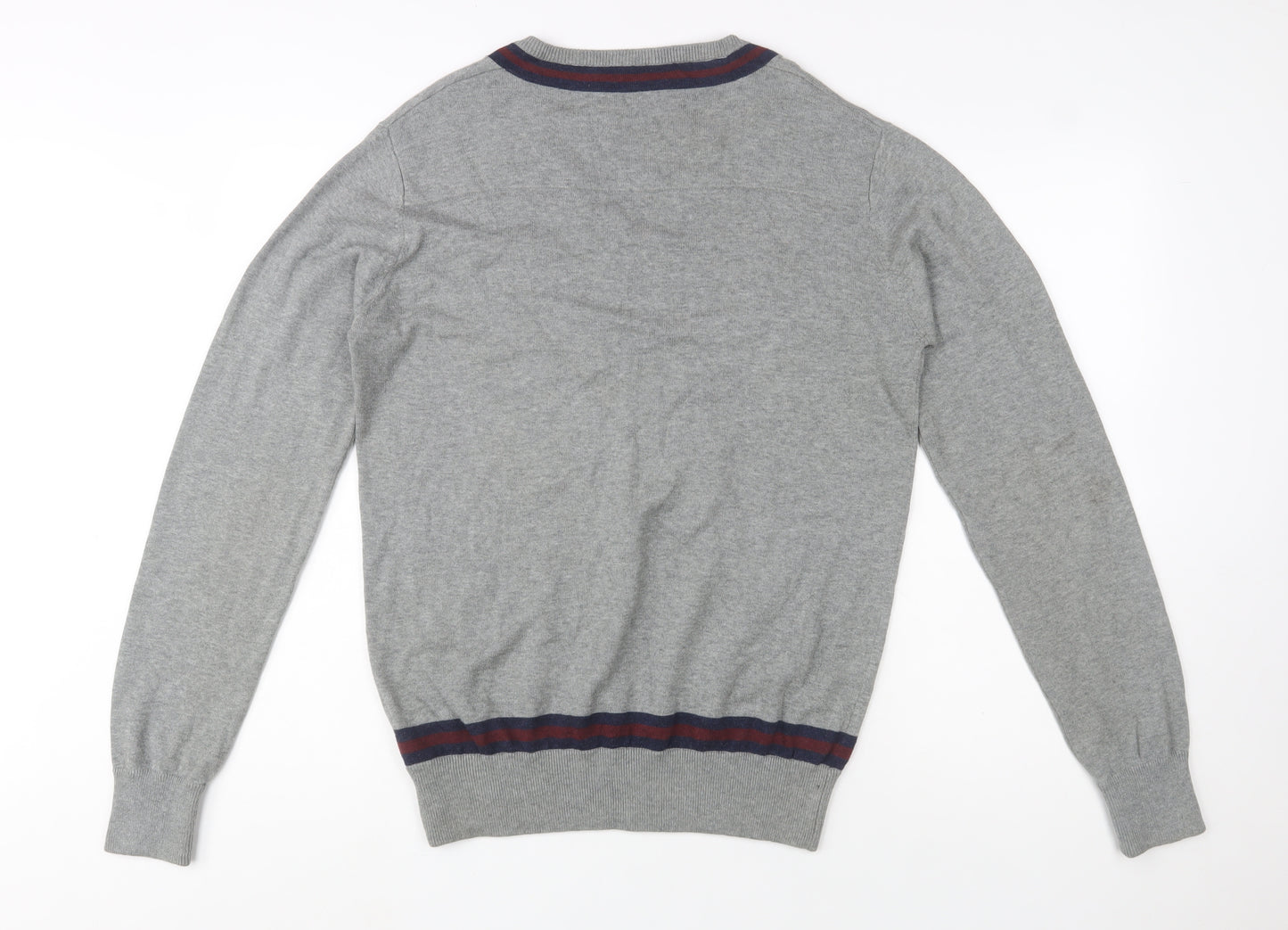 Rule The Way Grey Cotton V-Neck Jumper Men M Classic Knitwear