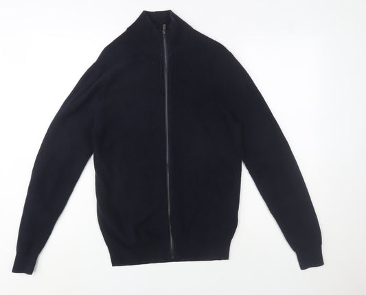 Massimo Dutti Men's Blue Cotton Cashmere Full Zip Jumper M