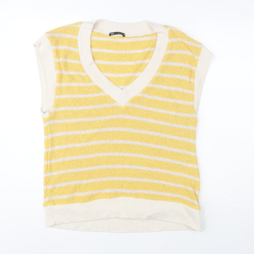 Zara Women Yellow Striped V-Neck Knit Sleeveless Vest S