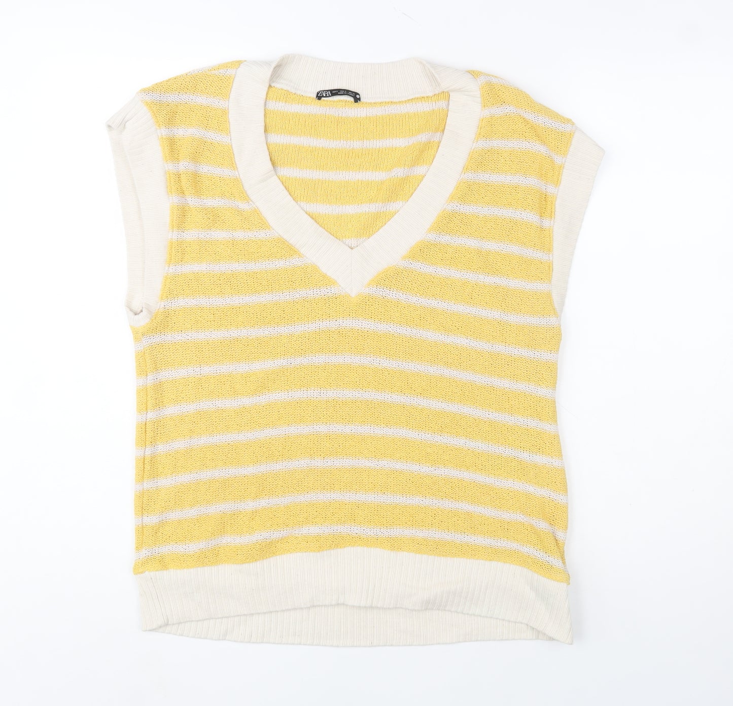 Zara Women Yellow Striped V-Neck Knit Sleeveless Vest S