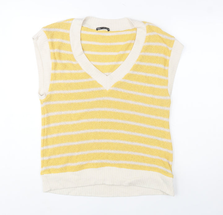 Zara Women Yellow Striped V-Neck Knit Sleeveless Vest S
