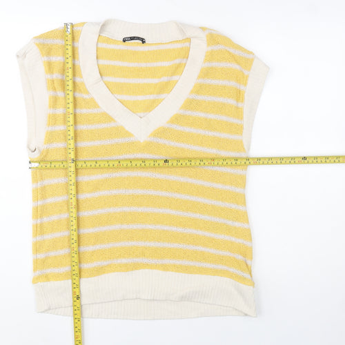 Zara Women Yellow Striped V-Neck Knit Sleeveless Vest S