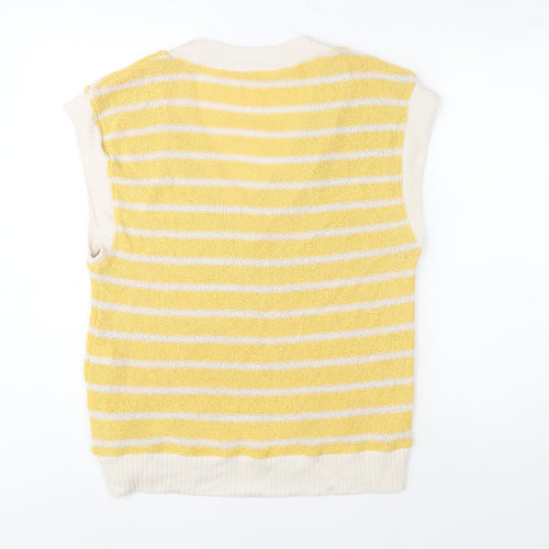 Zara Women Yellow Striped V-Neck Knit Sleeveless Vest S
