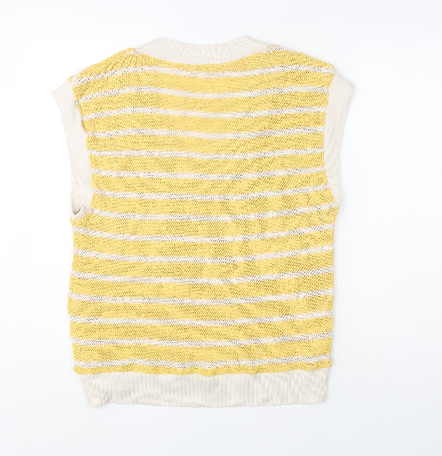 Zara Women Yellow Striped V-Neck Knit Sleeveless Vest S