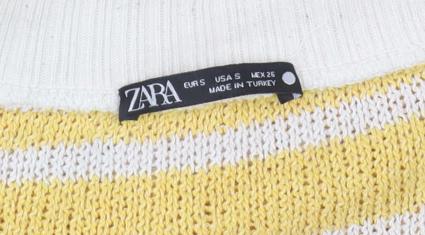 Zara Women Yellow Striped V-Neck Knit Sleeveless Vest S