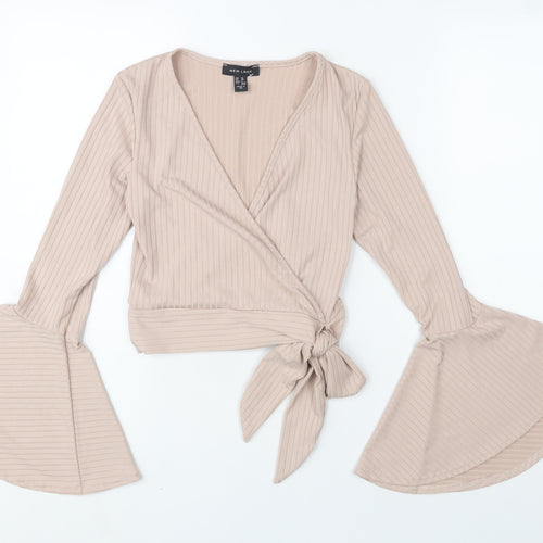 New Look Women’s Beige Wrap Tie Flared Sleeve Blouse Size 10