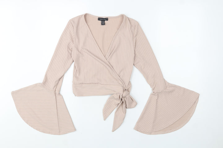 New Look Women’s Beige Wrap Tie Flared Sleeve Blouse Size 10