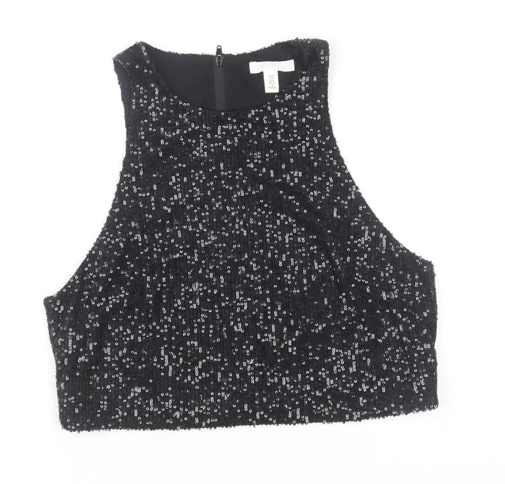 H&M Women Black Sequin Cropped Tank Top Size 12 Partywear