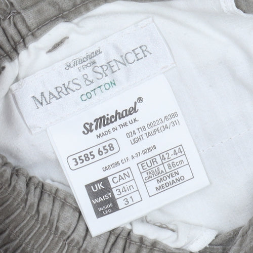 Marks and Spencer Men Light Taupe Cotton Chino Trousers 34in Waist 31in Leg