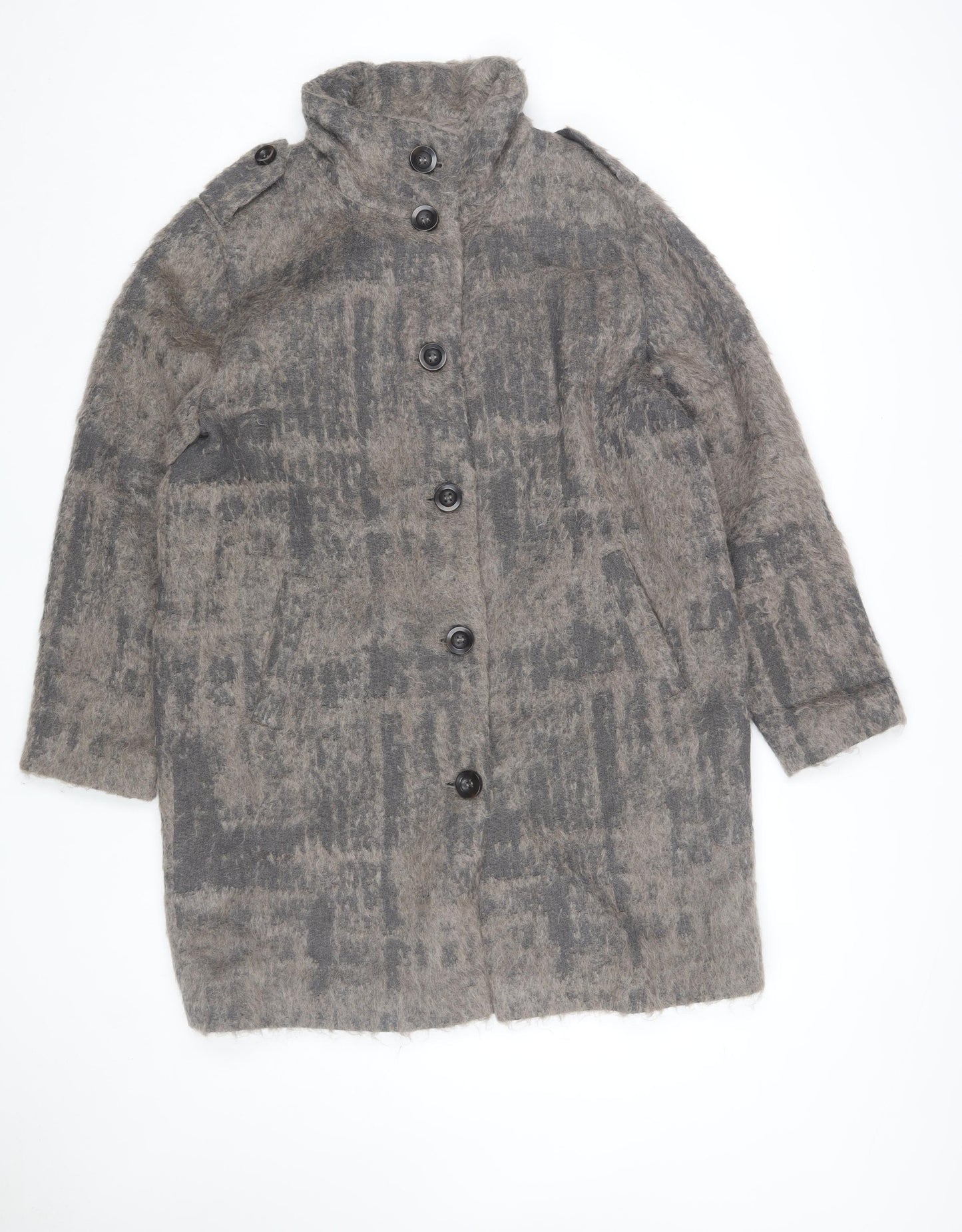 Marc Cain Sports Womens Grey Wool Blend Check Mid-Length Coat Size S