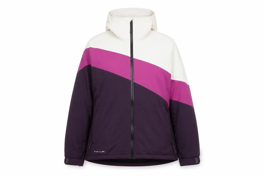 Front view of Parallel women’s purple ski jacket, size UK 16, hooded waterproof winter coat