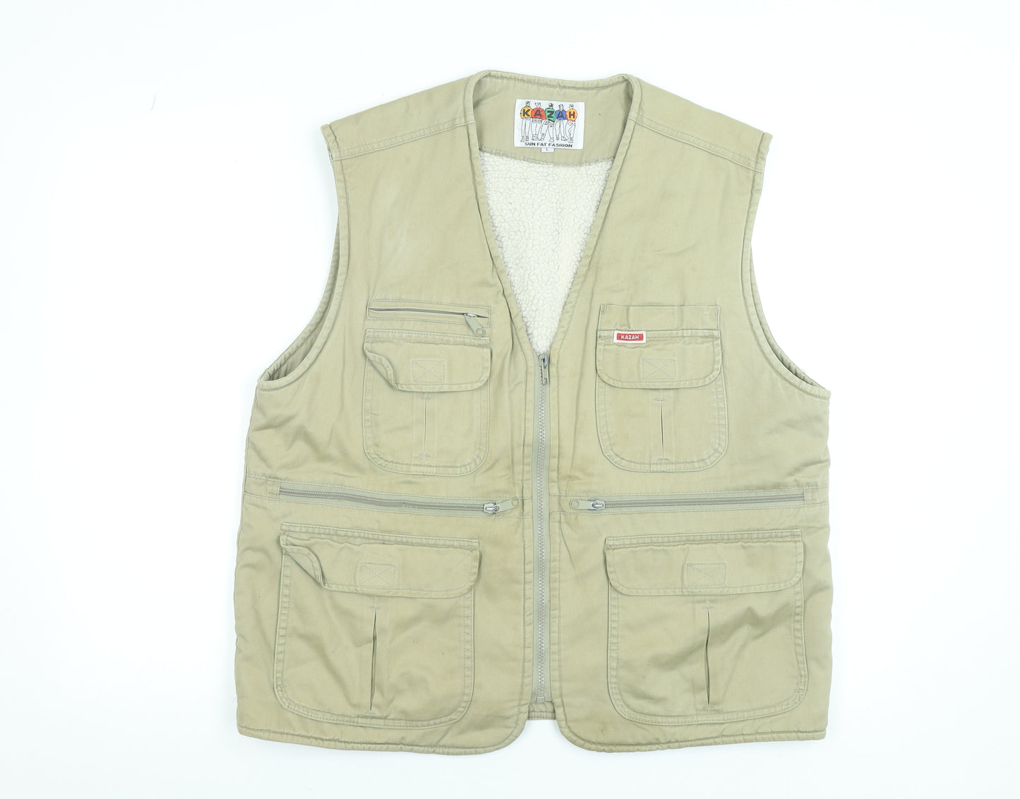 Kazah Men’s Beige Cotton Bodywarmer Waistcoat L Faux Fur Lined Outdoor Vest