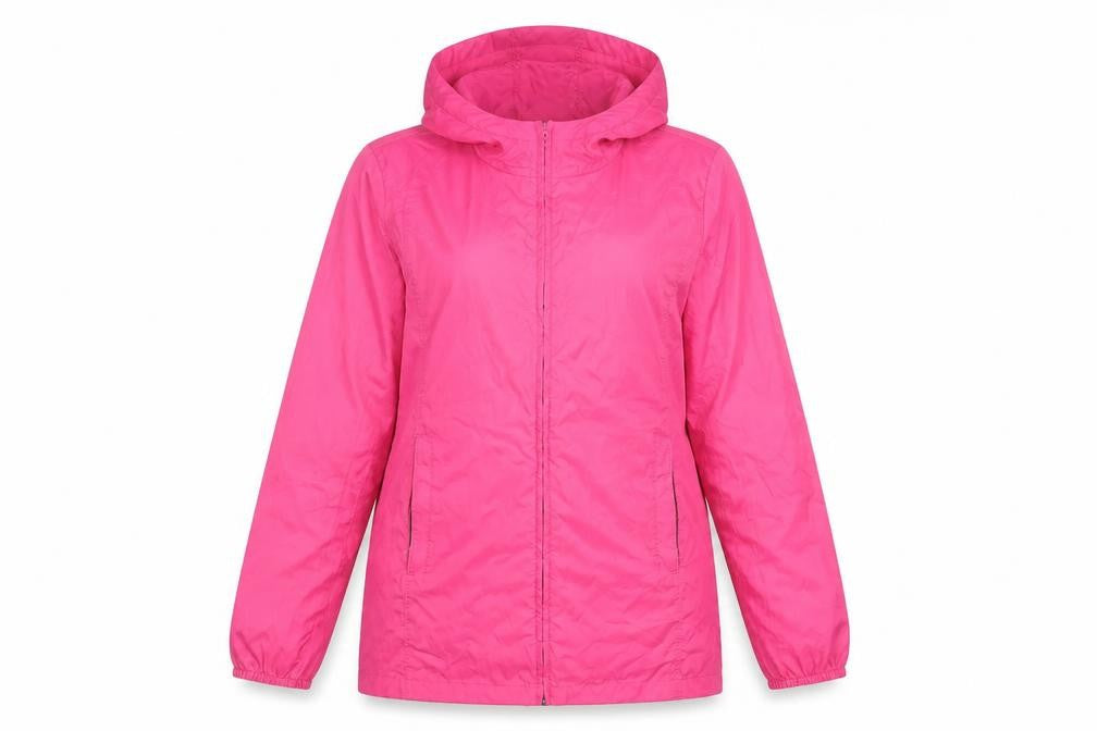 Front view of Lands' End women’s pink hooded rain coat jacket, size M, water resistant